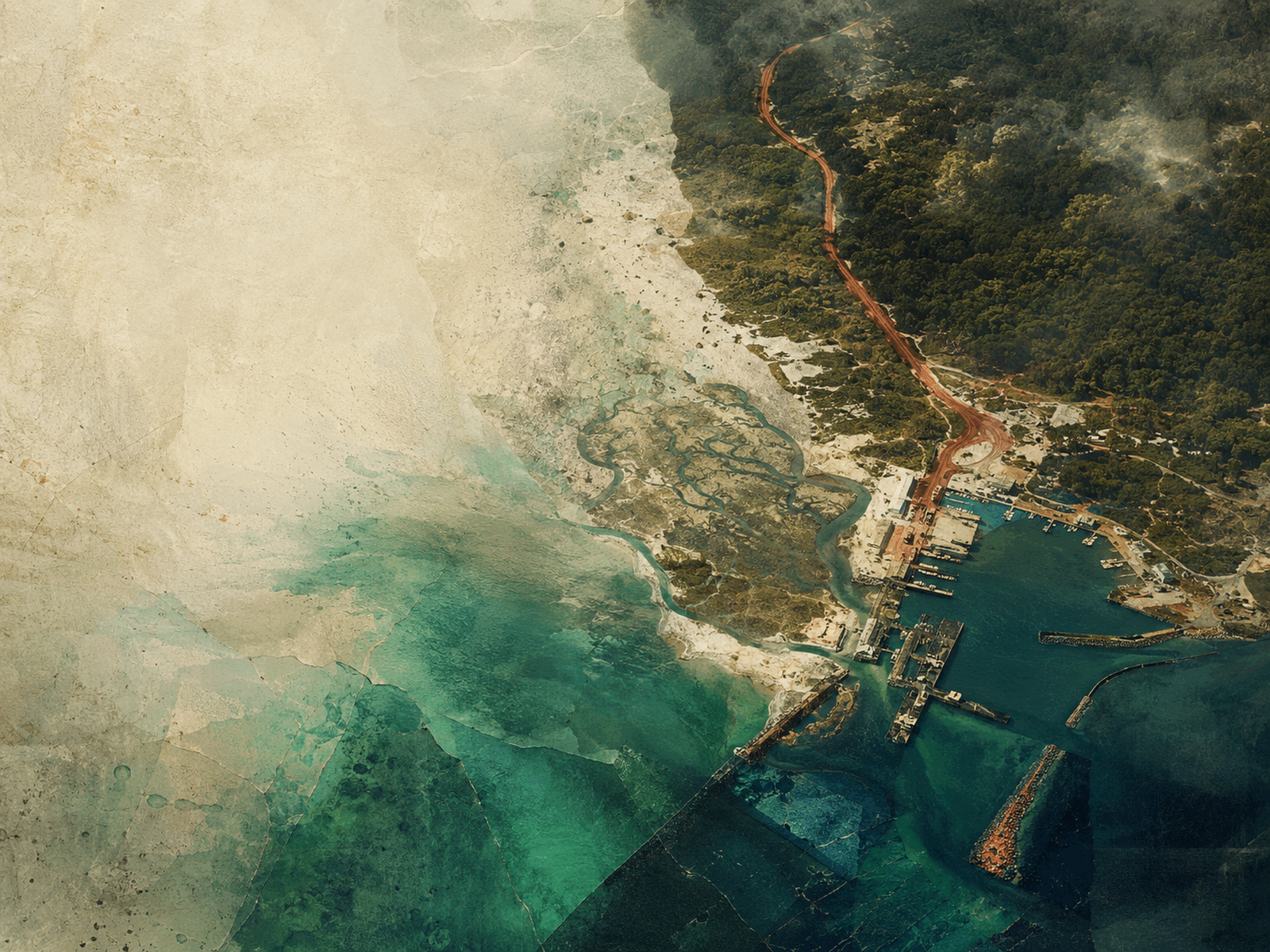 Conceptual cartographic collage evoking North Florida / Big Bend