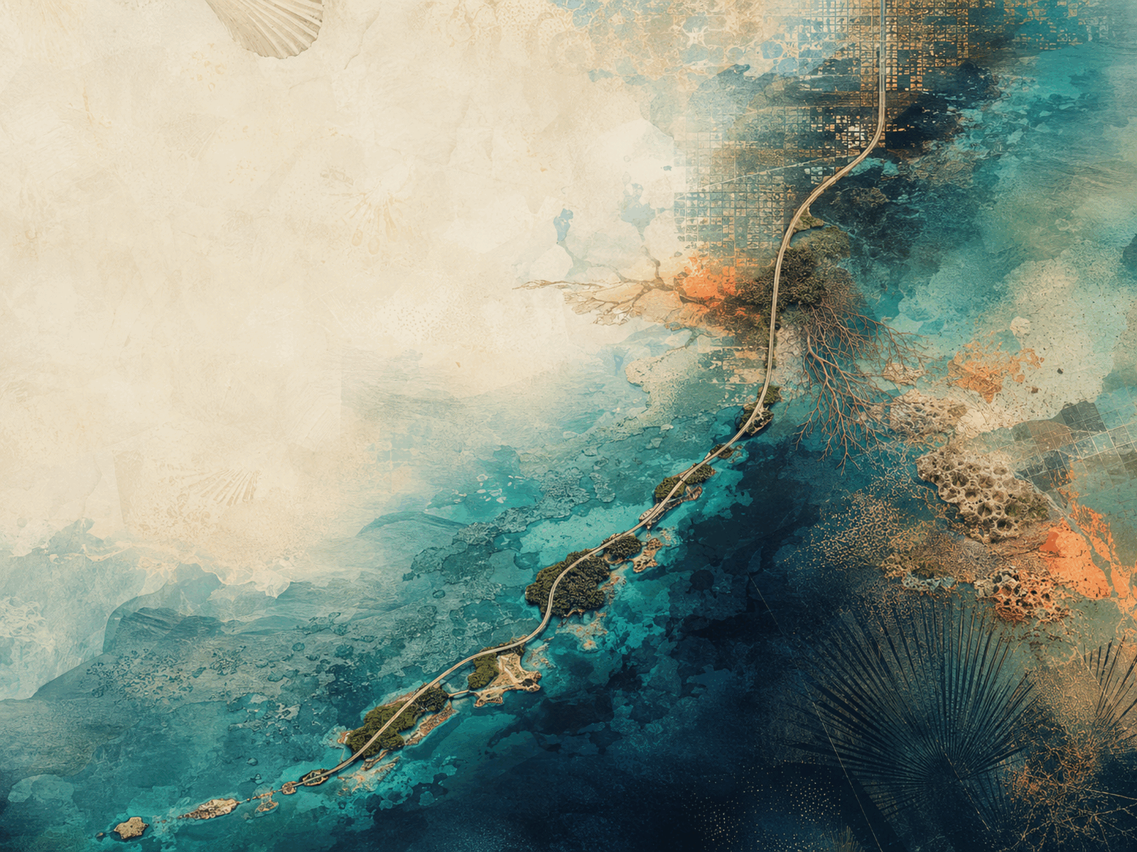 Conceptual cartographic collage evoking Florida Keys